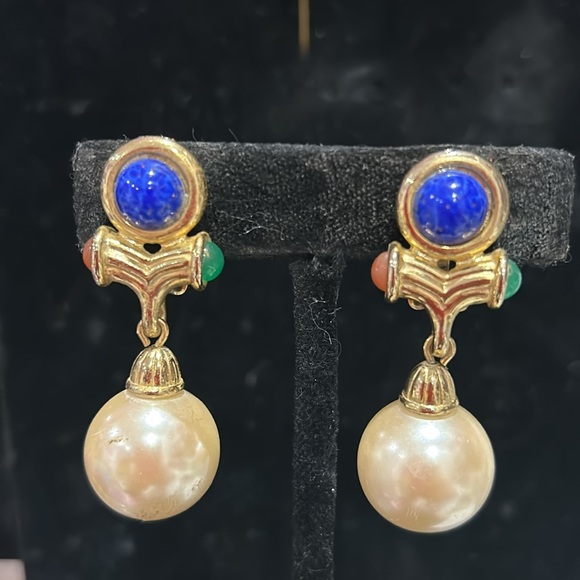 Vintage 80s Cabochons and Round Pearl Drop Earrings-Boutique - Picture 2 of 7